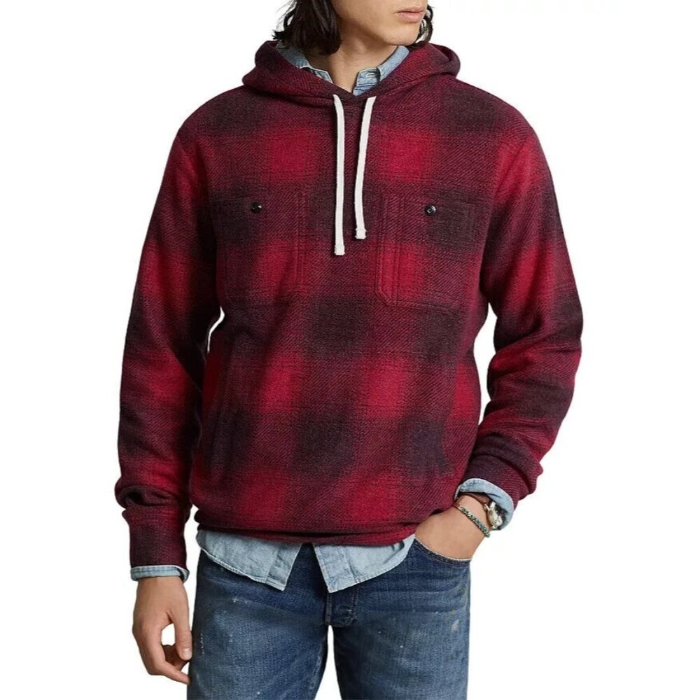 Polo Ralph Lauren Plaid Brushed Back Fleece Hoodie Red Size S MSRP $348